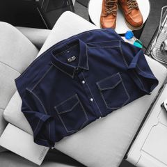 BIG MEN- Áo sơ mi tay ngắn bigsize nam vải mango xanh đen viền chỉ nổi bật phong cách trẻ trung thời trang Big Men