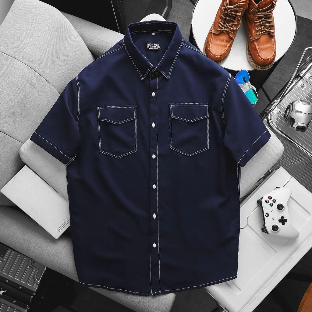 BIG MEN- Áo sơ mi tay ngắn bigsize nam vải mango xanh đen viền chỉ nổi bật phong cách trẻ trung thời trang Big Men