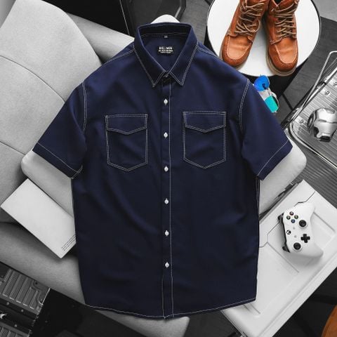 BIG MEN- Áo sơ mi tay ngắn bigsize nam vải mango xanh đen viền chỉ nổi bật phong cách trẻ trung thời trang Big Men