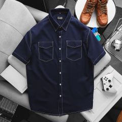 BIG MEN- Áo sơ mi tay ngắn bigsize nam vải mango xanh đen viền chỉ nổi bật phong cách trẻ trung thời trang Big Men