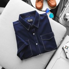 BIG MEN- Áo sơ mi tay ngắn bigsize nam vải mango xanh đen viền chỉ nổi bật phong cách trẻ trung thời trang Big Men