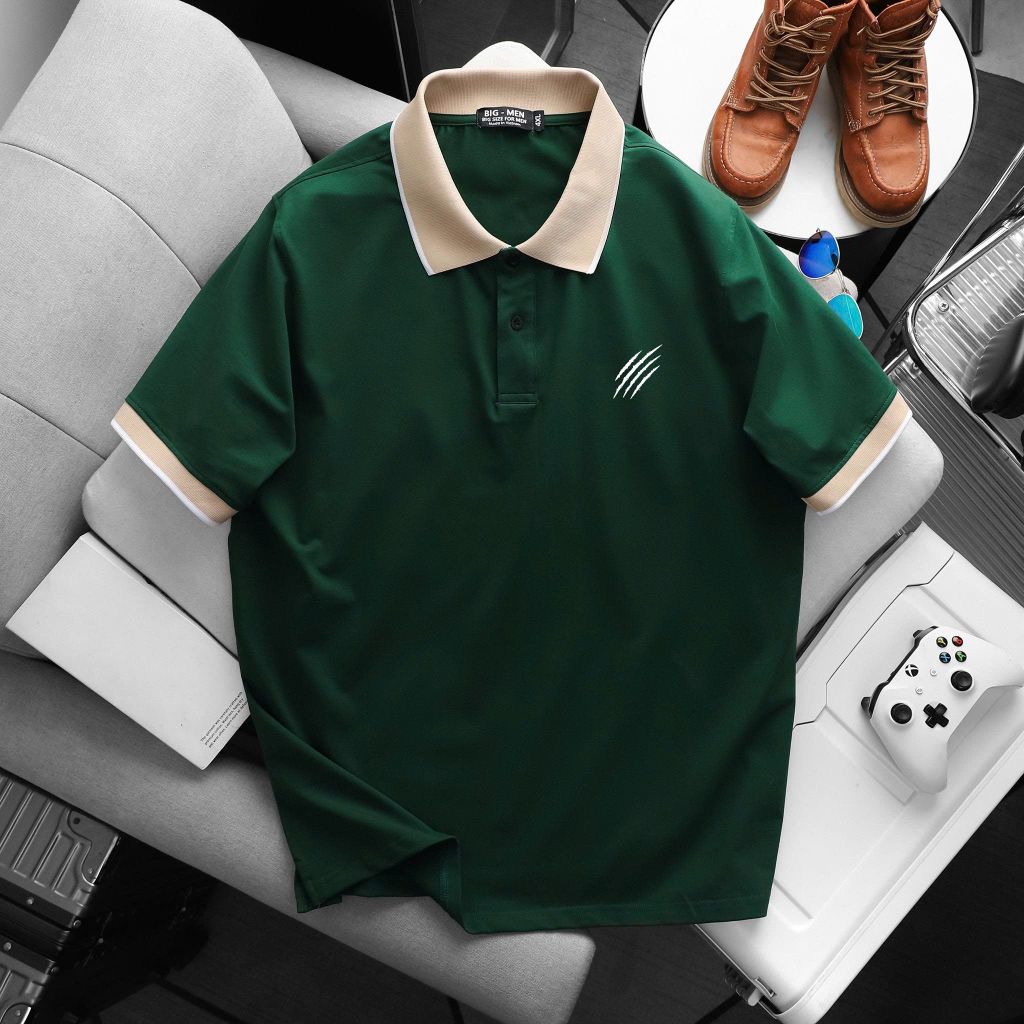 BIG MEN- Áo thun polo cotton phối cổ màu vàng in CÀO basic thời trang bigsize nam 85- 135kg
