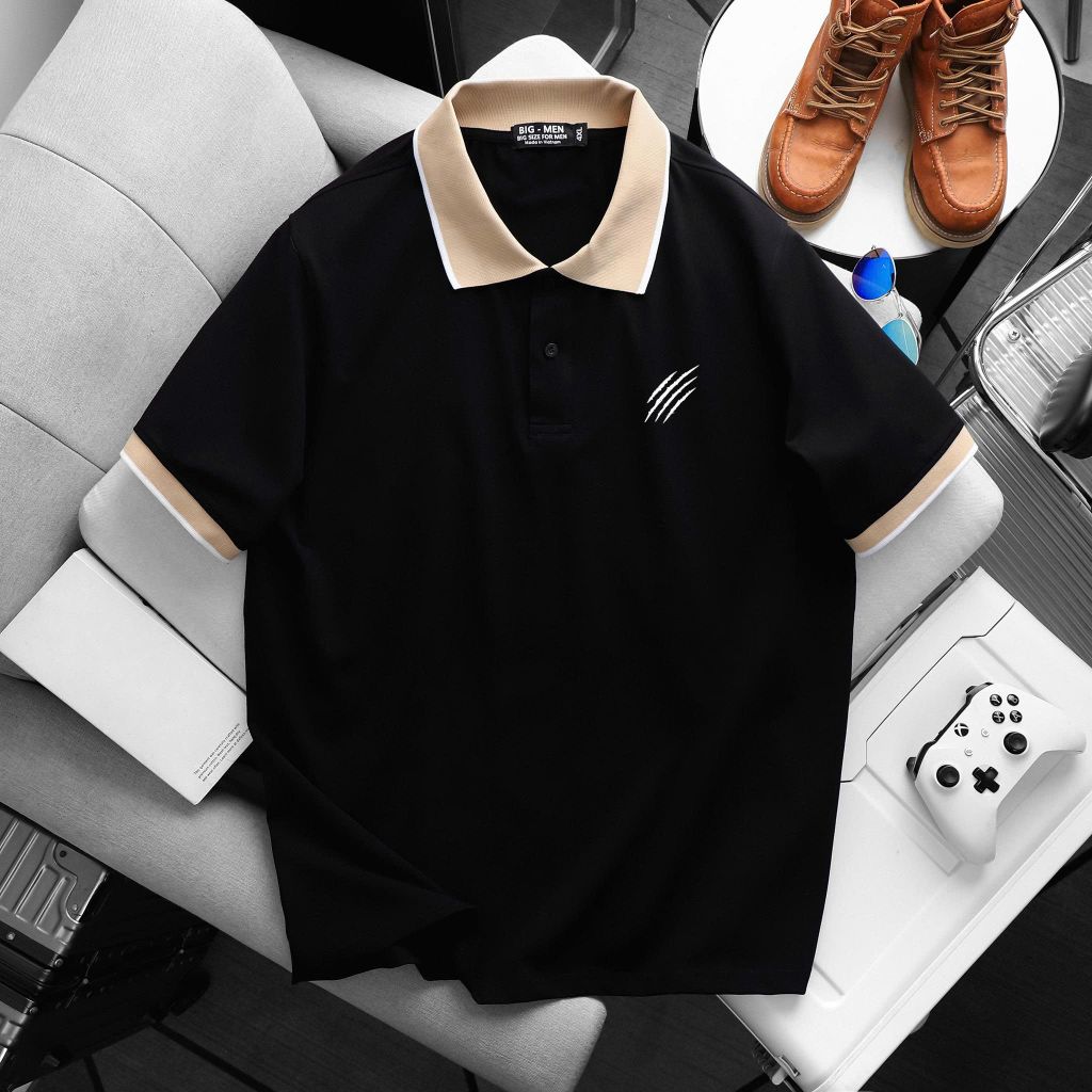 BIG MEN- Áo thun polo cotton phối cổ màu vàng in CÀO basic thời trang bigsize nam 85- 135kg