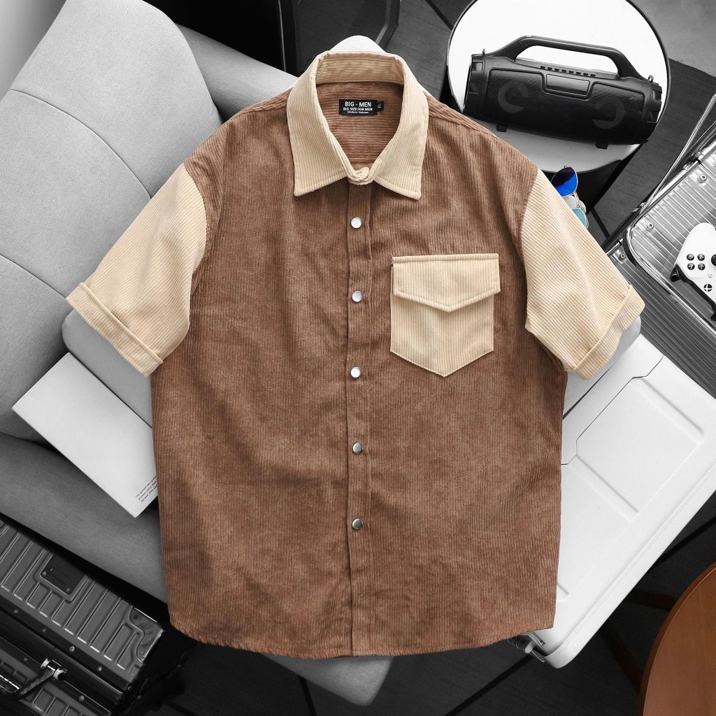 BIG MEN - Áo sơ mi tay ngắn chất vải nhung tăm phối màu bigsize nam Form To 90- 138 kg- SMTN nhung tăm phối