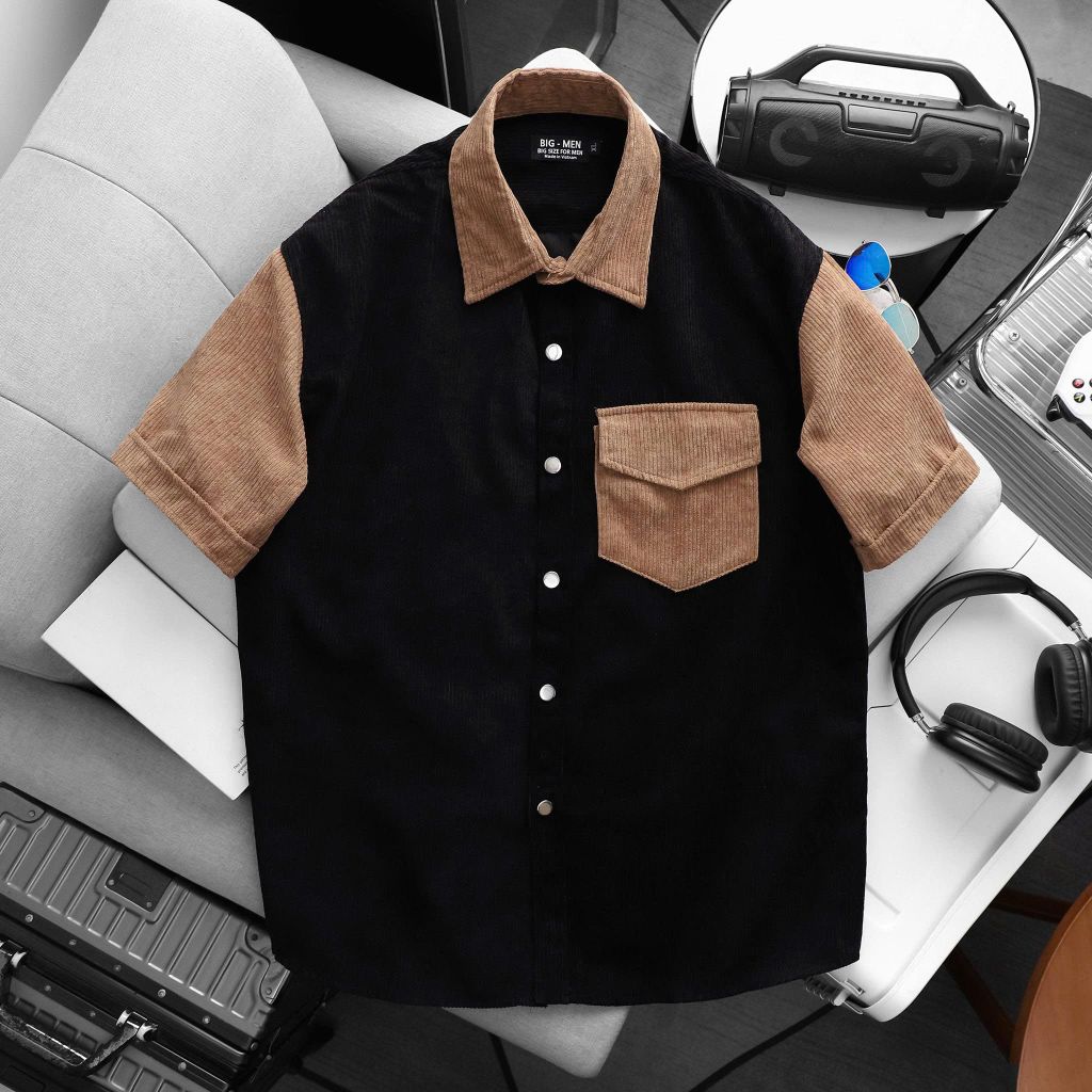 BIG MEN - Áo sơ mi tay ngắn chất vải nhung tăm phối màu bigsize nam Form To 90- 138 kg- SMTN nhung tăm phối