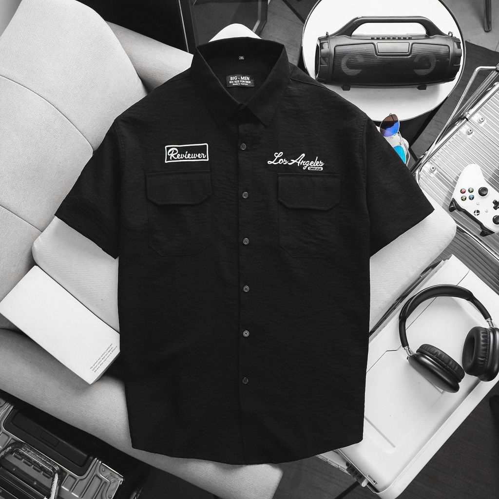 BIG MEN - Áo sơ mi tay ngắn nam big size vải đũi cao cấp phối túi thời trang cỡ đại < 140kg - SMTN đũi SM 2 túi thêu