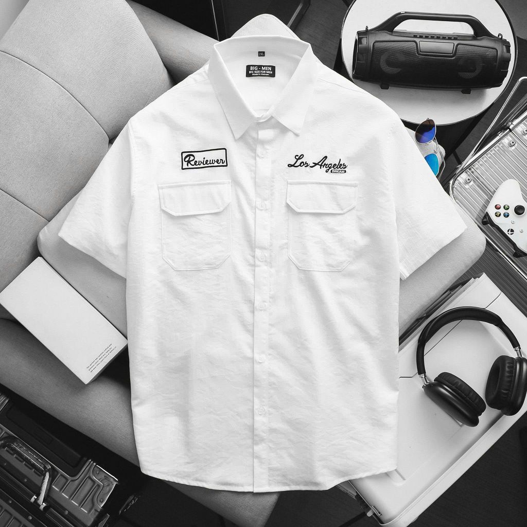 BIG MEN - Áo sơ mi tay ngắn nam big size vải đũi cao cấp phối túi thời trang cỡ đại < 140kg - SMTN đũi SM 2 túi thêu