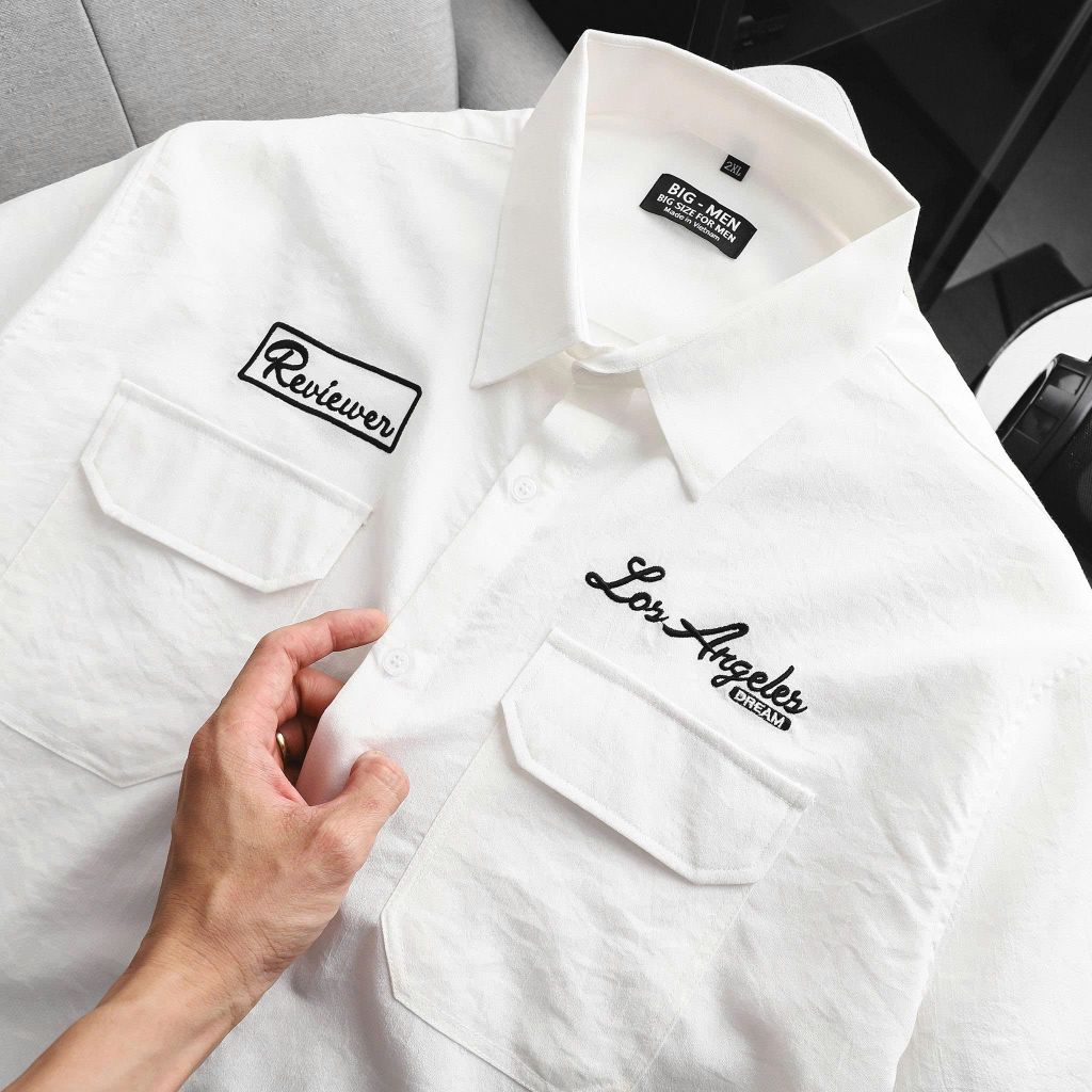 BIG MEN - Áo sơ mi tay ngắn nam big size vải đũi cao cấp phối túi thời trang cỡ đại < 140kg - SMTN đũi SM 2 túi thêu