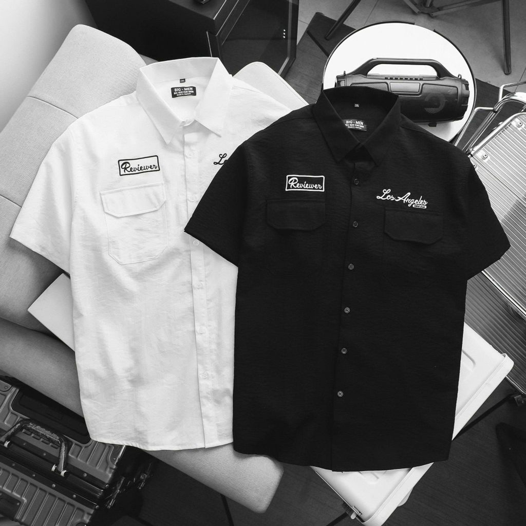 BIG MEN - Áo sơ mi tay ngắn nam big size vải đũi cao cấp phối túi thời trang cỡ đại < 140kg - SMTN đũi SM 2 túi thêu