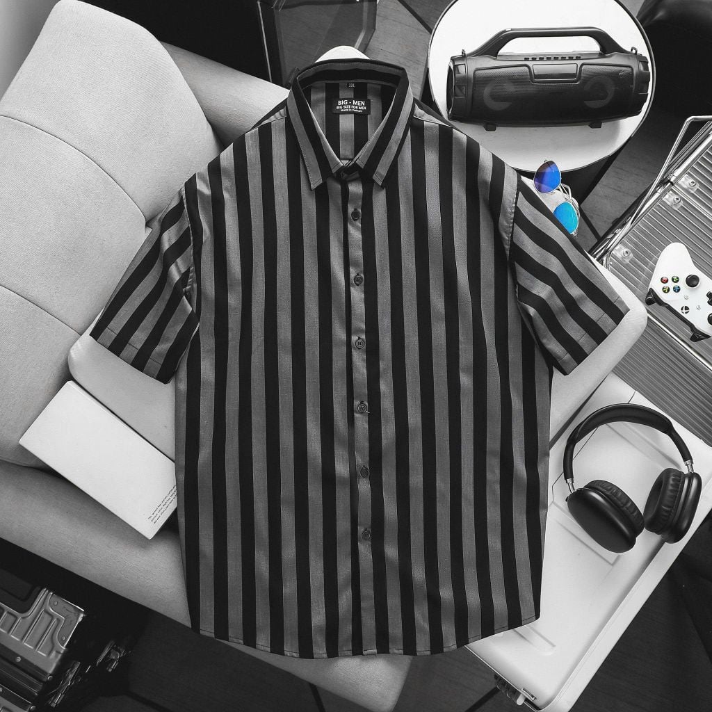BIG MEN- Áo sơ mi tay ngắn vải QC cao cấp phối kẻ sọc bigsize nam 80- 130 kg