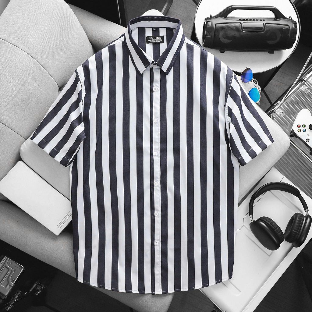 BIG MEN- Áo sơ mi tay ngắn vải QC cao cấp phối kẻ sọc bigsize nam 80- 130 kg