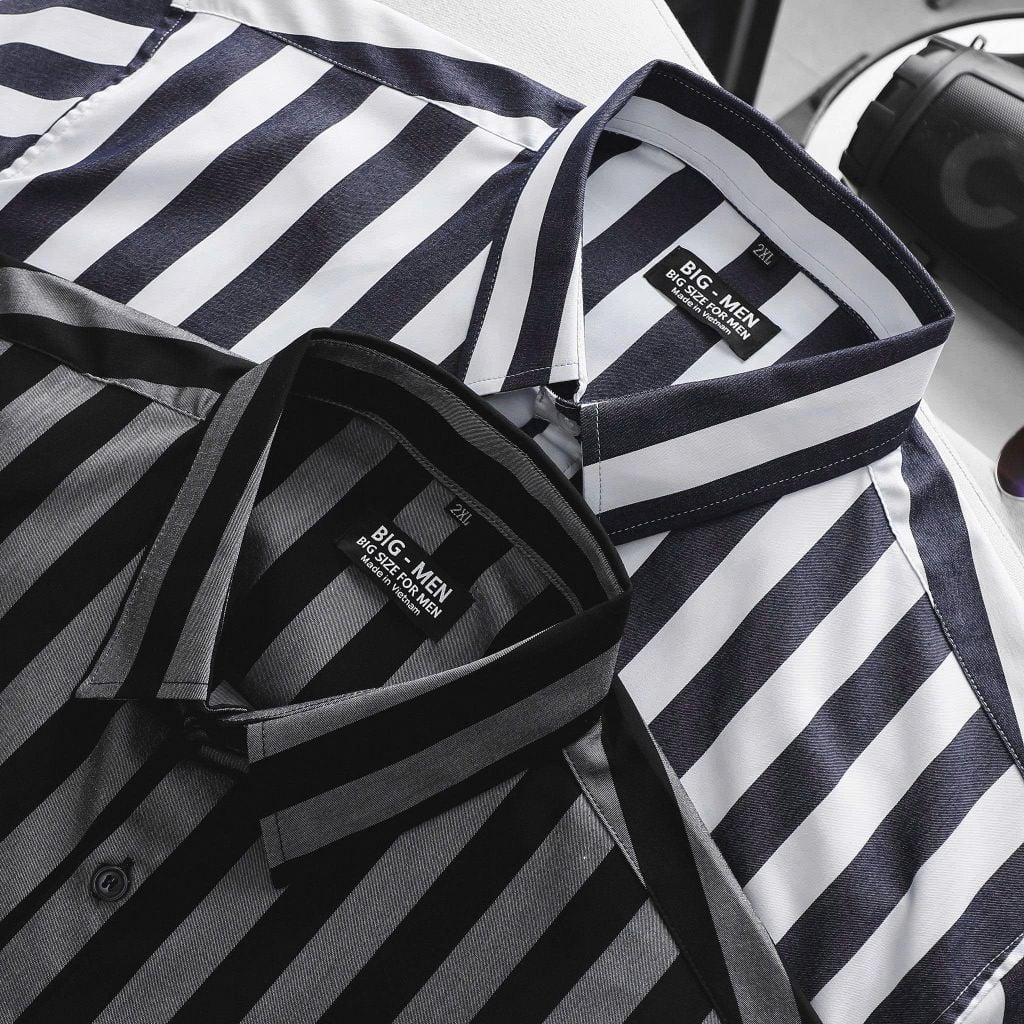 BIG MEN- Áo sơ mi tay ngắn vải QC cao cấp phối kẻ sọc bigsize nam 80- 130 kg