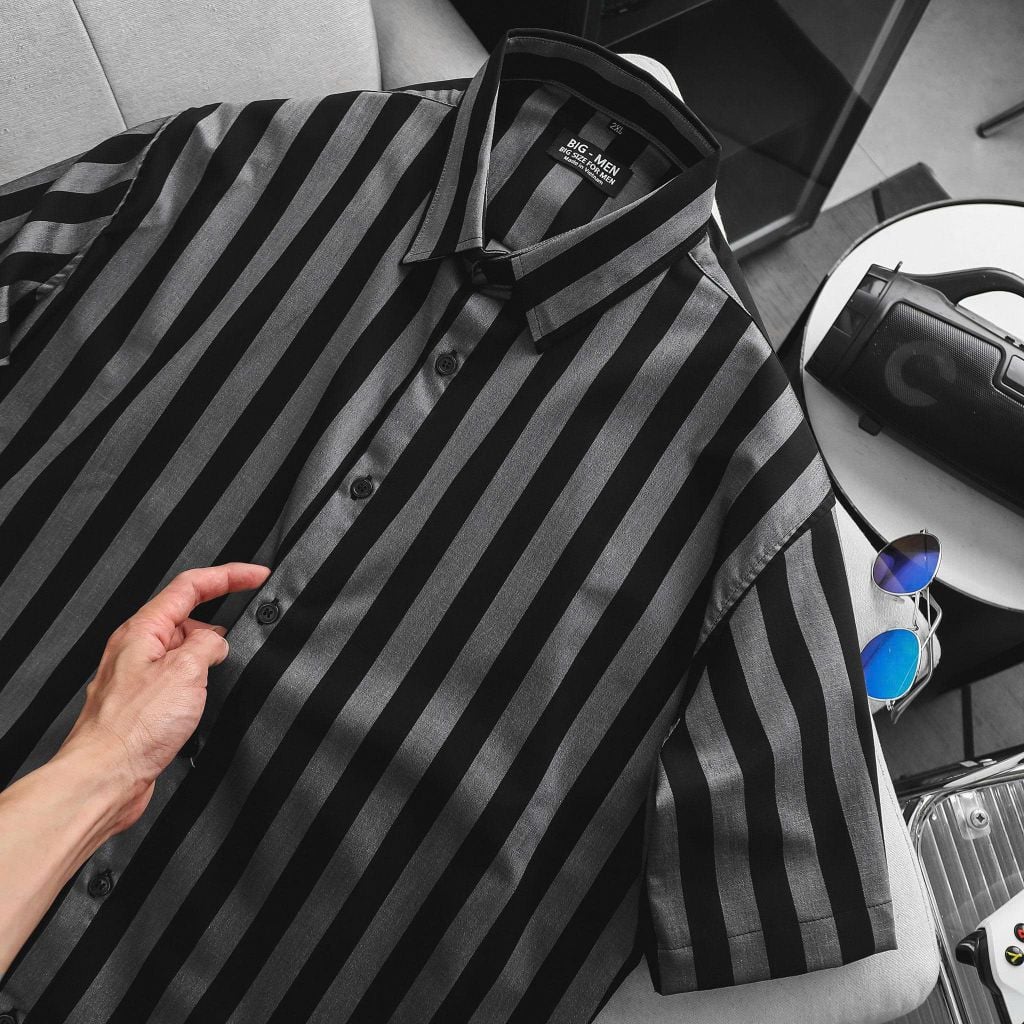 BIG MEN- Áo sơ mi tay ngắn vải QC cao cấp phối kẻ sọc bigsize nam 80- 130 kg
