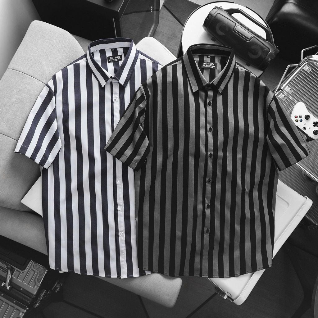 BIG MEN- Áo sơ mi tay ngắn vải QC cao cấp phối kẻ sọc bigsize nam 80- 130 kg