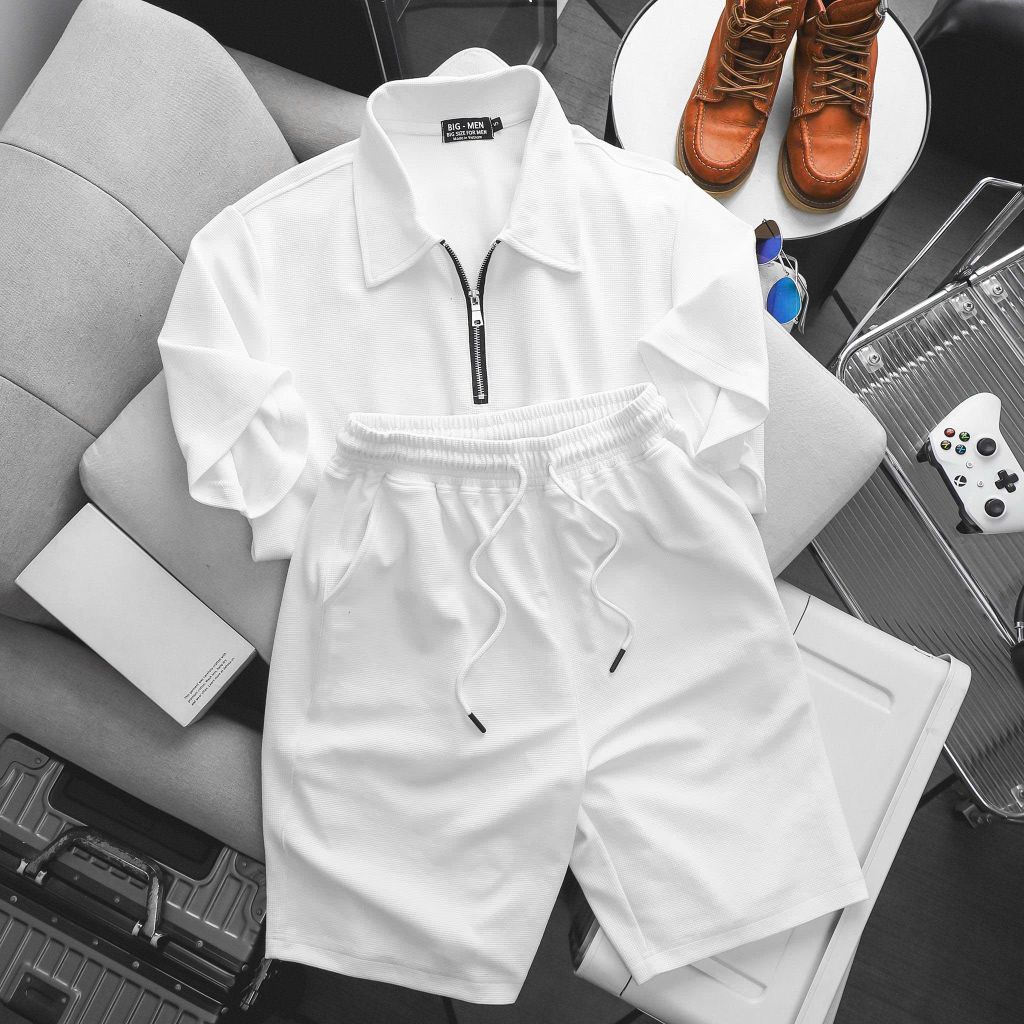 Big Men- Set bộ quần áo polo phối khóa kéo chất vải tổ ong co giãn thời trang bigsize nam 85- 135 kg - màu trắng