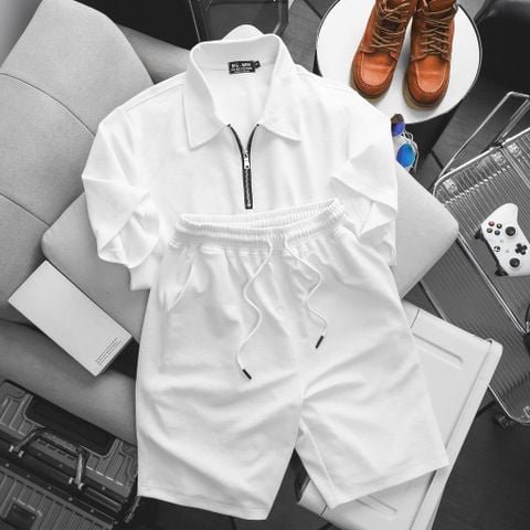 Big Men- Set bộ quần áo polo phối khóa kéo chất vải tổ ong co giãn thời trang bigsize nam 85- 135 kg - màu trắng