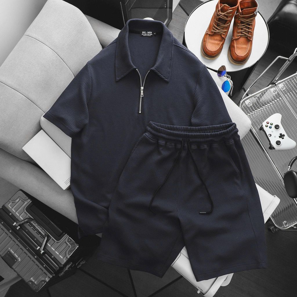 Big Men- Set bộ quần áo polo phối khóa kéo chất vải tổ ong co giãn thời trang bigsize nam 85- 135 kg - màu xanh