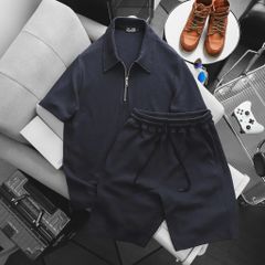 Big Men- Set bộ quần áo polo phối khóa kéo chất vải tổ ong co giãn thời trang bigsize nam 85- 135 kg - màu xanh