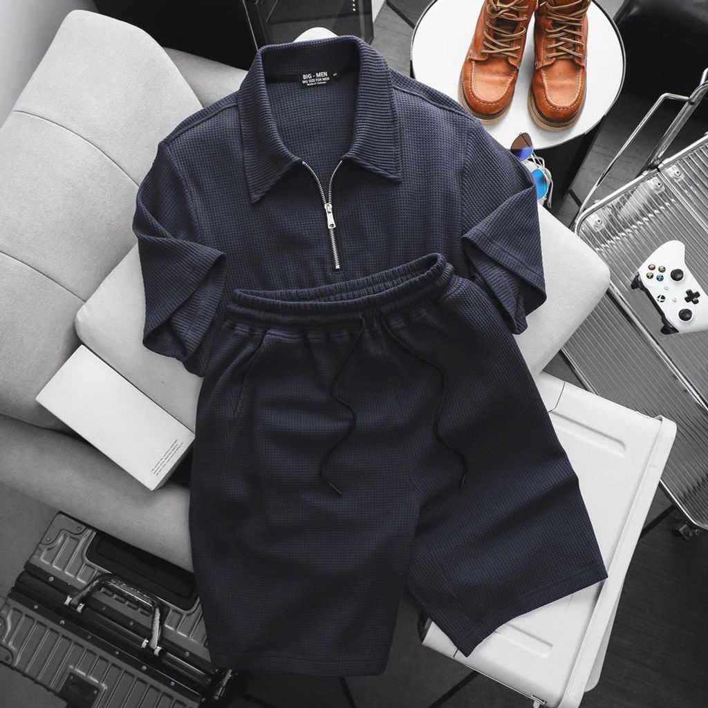 Big Men- Set bộ quần áo polo phối khóa kéo chất vải tổ ong co giãn thời trang bigsize nam 85- 135 kg - màu xanh