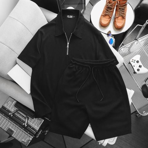 Big Men- Set bộ quần áo polo phối khóa kéo chất vải tổ ong co giãn thời trang bigsize nam 85- 135 kg - màu đen