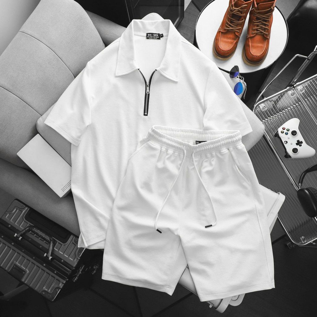 Big Men- Set bộ quần áo polo phối khóa kéo chất vải tổ ong co giãn thời trang bigsize nam 85- 135 kg - màu trắng