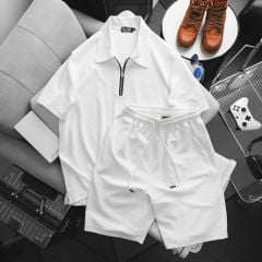 Big Men- Set bộ quần áo polo phối khóa kéo chất vải tổ ong co giãn thời trang bigsize nam 85- 135 kg - màu trắng