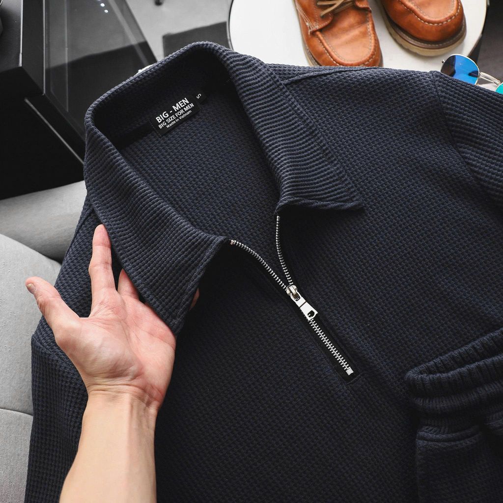 Big Men- Set bộ quần áo polo phối khóa kéo chất vải tổ ong co giãn thời trang bigsize nam 85- 135 kg - màu xanh