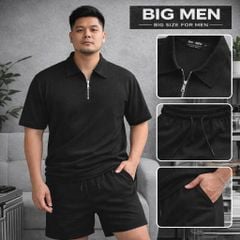 Big Men- Set bộ quần áo polo phối khóa kéo chất vải tổ ong co giãn thời trang bigsize nam 85- 135 kg - màu đen