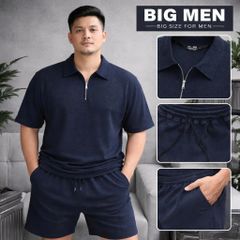 Big Men- Set bộ quần áo polo phối khóa kéo chất vải tổ ong co giãn thời trang bigsize nam 85- 135 kg - màu xanh
