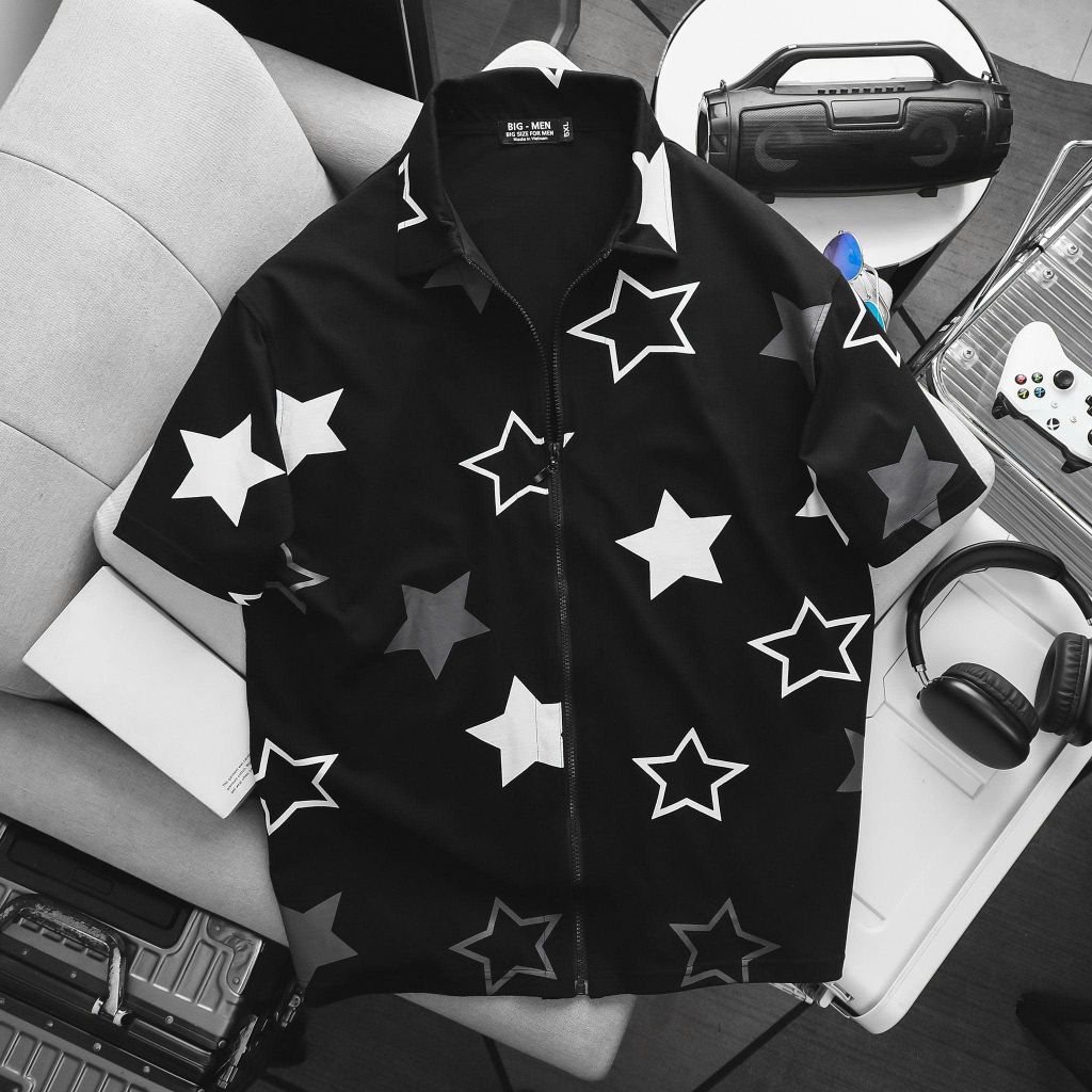 BIG MEN-Áo thun polo big size nam phối dây kéo họa tiết ngôi sao thời trang 90-135kg_ polo dây kéo ngôi sao