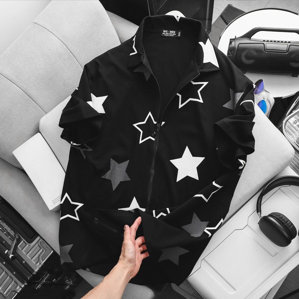 BIG MEN-Áo thun polo big size nam phối dây kéo họa tiết ngôi sao thời trang 90-135kg_ polo dây kéo ngôi sao