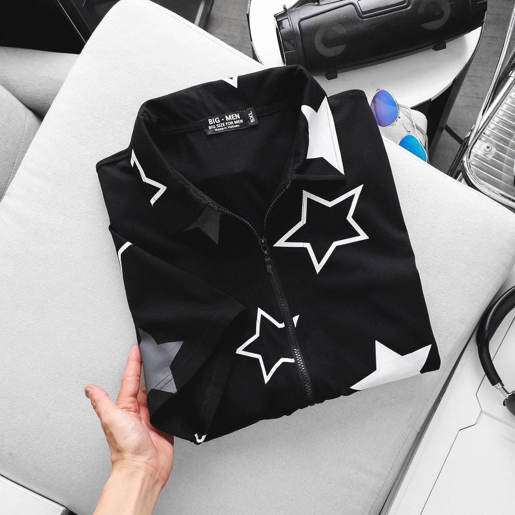 BIG MEN-Áo thun polo big size nam phối dây kéo họa tiết ngôi sao thời trang 90-135kg_ polo dây kéo ngôi sao