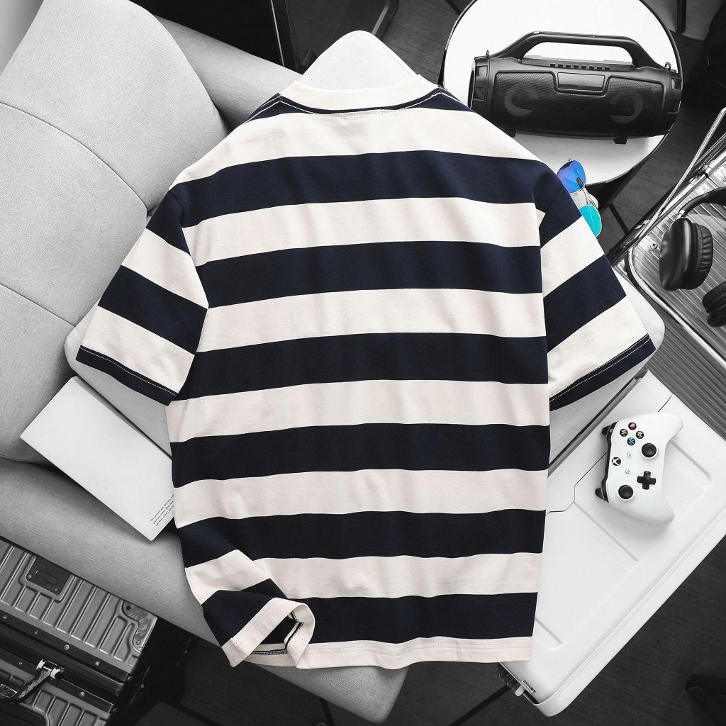 BIG MEN- Áo thun cotton họa tiết sọc ngang thêu ngựa lịch lãm phái mạnh bigsize nam 90- 137kg