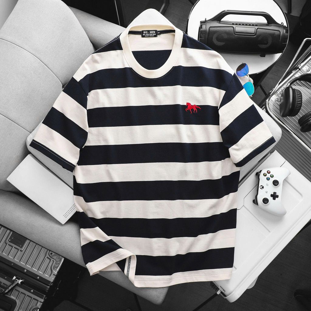 BIG MEN- Áo thun cotton họa tiết sọc ngang thêu ngựa lịch lãm phái mạnh bigsize nam 90- 137kg
