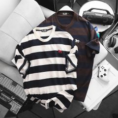 BIG MEN- Áo thun cotton họa tiết sọc ngang thêu ngựa lịch lãm phái mạnh bigsize nam 90- 137kg