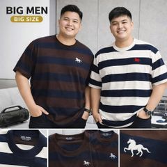 BIG MEN- Áo thun cotton họa tiết sọc ngang thêu ngựa lịch lãm phái mạnh bigsize nam 90- 137kg