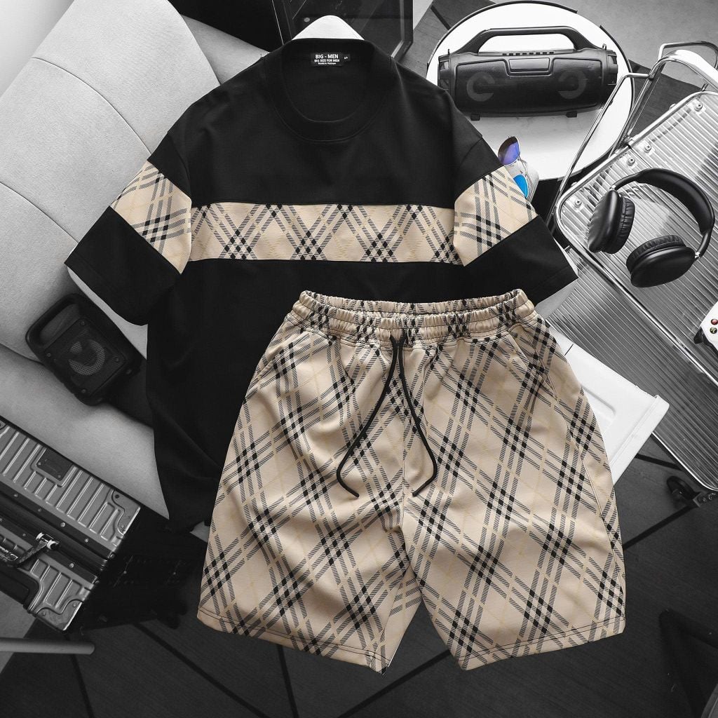 BIG MEN- Set bộ quần áo phối sọc tartan chất vải umi thời trang bigsize nam 85-135kg