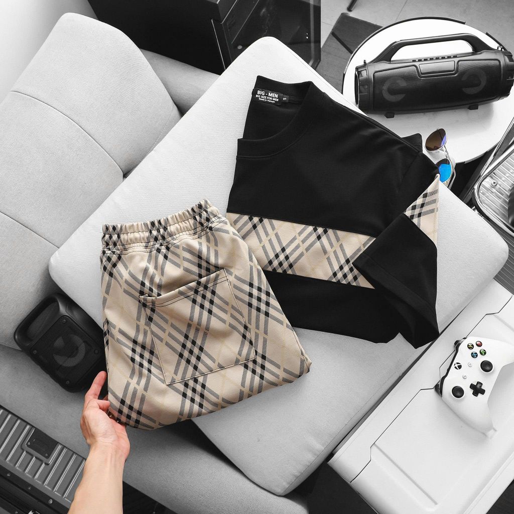 BIG MEN- Set bộ quần áo phối sọc tartan chất vải umi thời trang bigsize nam 85-135kg