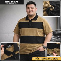 BIG MEN- Áo thun polo cotton màu nâu phối sọc ngang đen thời trang bigsize nam 85- 135kg