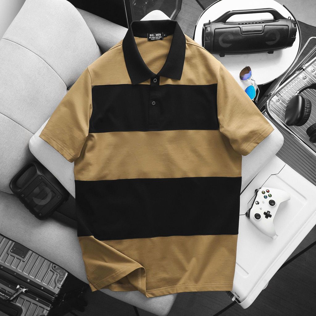 BIG MEN- Áo thun polo cotton màu nâu phối sọc ngang đen thời trang bigsize nam 85- 135kg