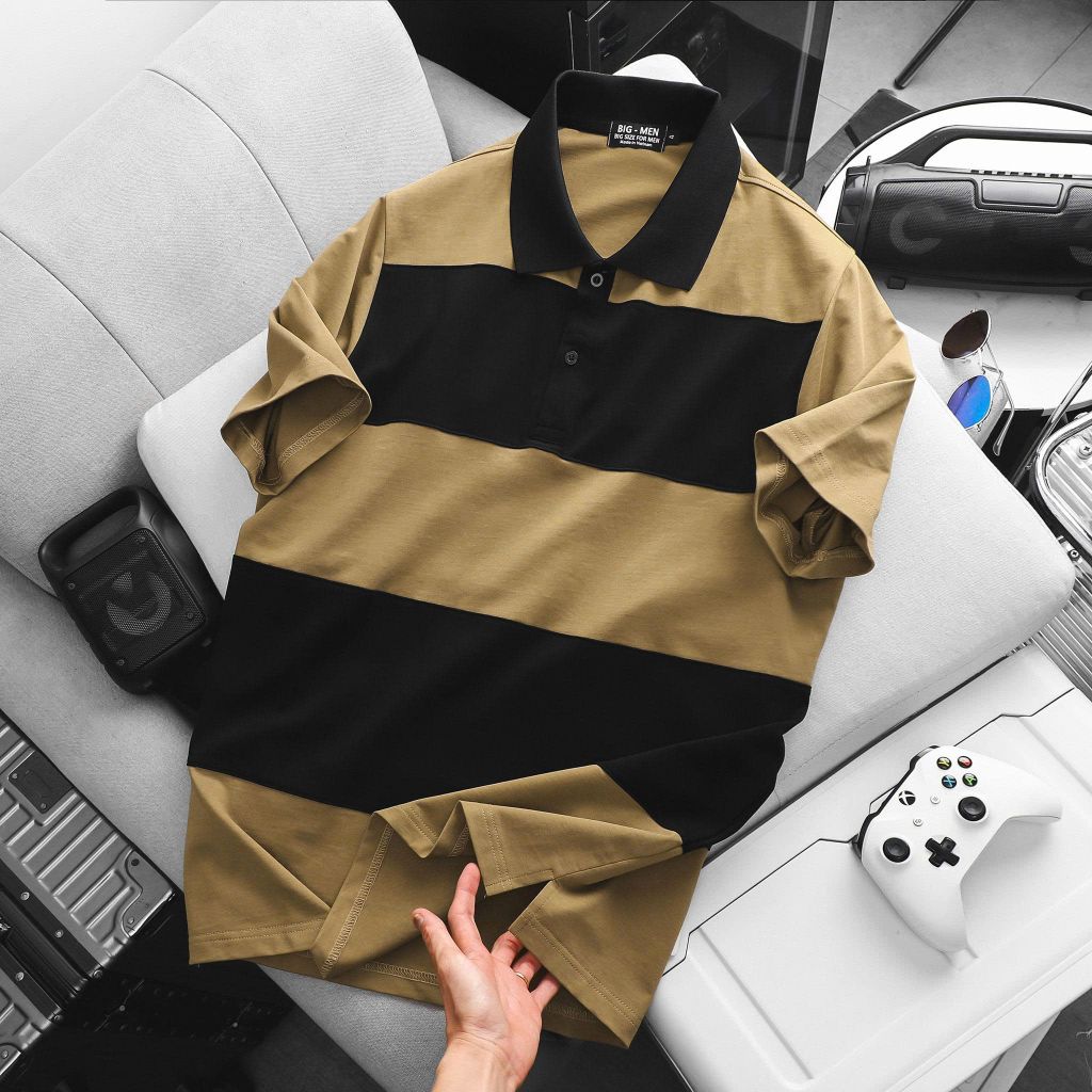BIG MEN- Áo thun polo cotton màu nâu phối sọc ngang đen thời trang bigsize nam 85- 135kg