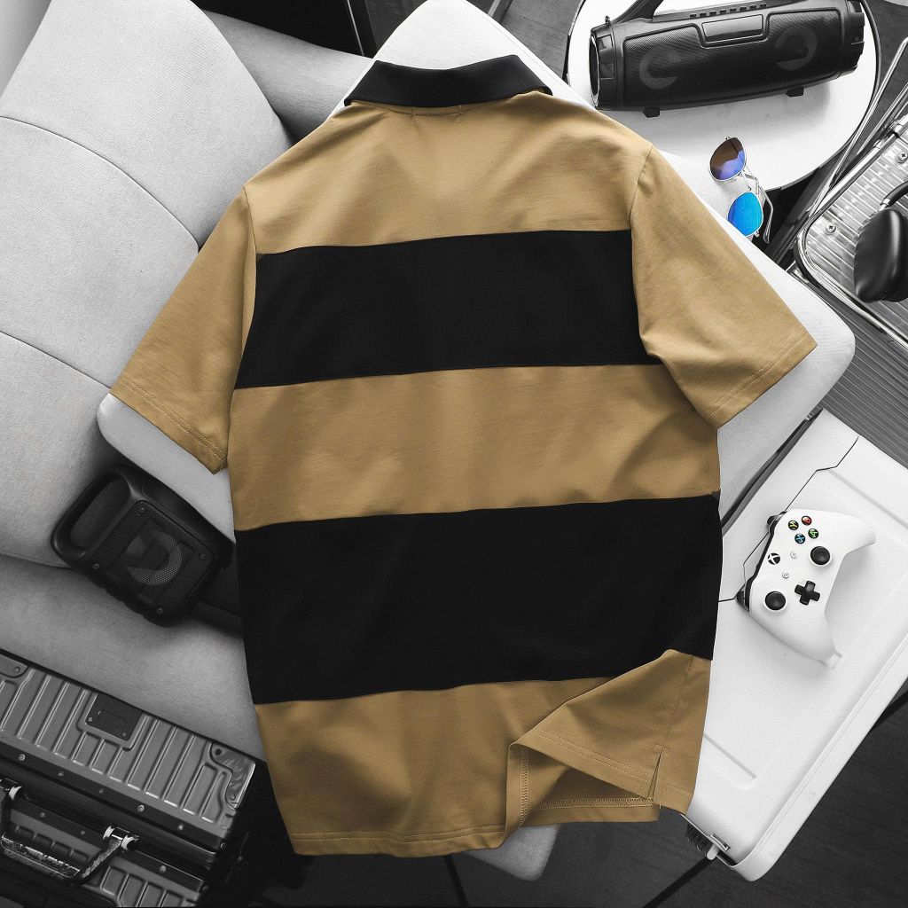 BIG MEN- Áo thun polo cotton màu nâu phối sọc ngang đen thời trang bigsize nam 85- 135kg