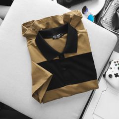 BIG MEN- Áo thun polo cotton màu nâu phối sọc ngang đen thời trang bigsize nam 85- 135kg