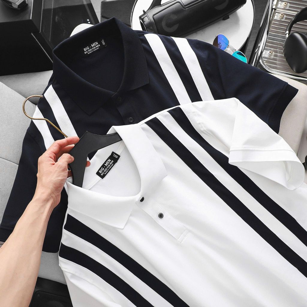 BIG MEN- Áo thun polo vải cotton cá sấu phối sọc kép lịch lãm thời trang bigsize nam 90- 140kg