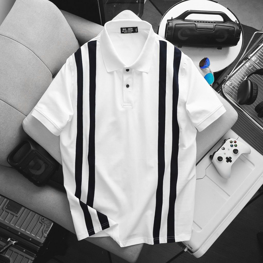 BIG MEN- Áo thun polo vải cotton cá sấu phối sọc kép lịch lãm thời trang bigsize nam 90- 140kg