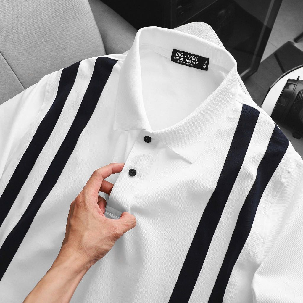BIG MEN- Áo thun polo vải cotton cá sấu phối sọc kép lịch lãm thời trang bigsize nam 90- 140kg