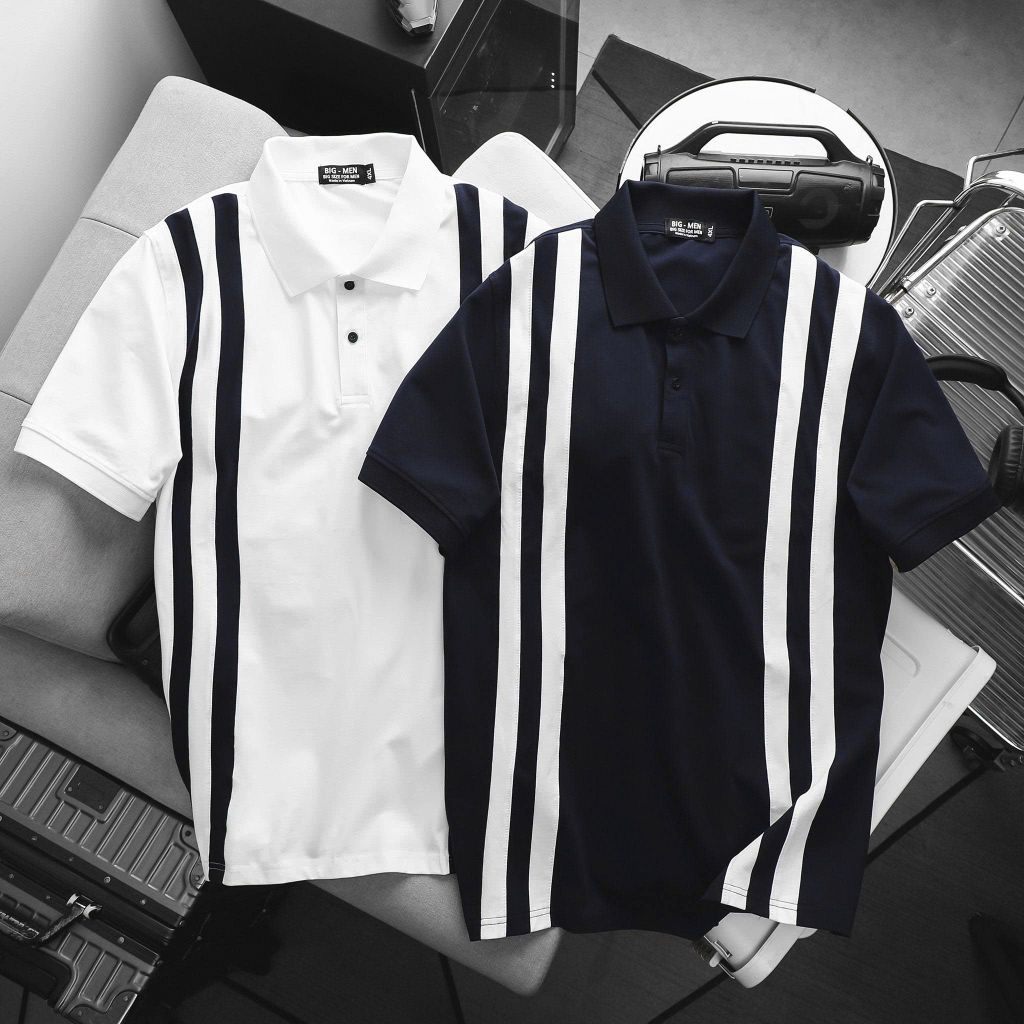 BIG MEN- Áo thun polo vải cotton cá sấu phối sọc kép lịch lãm thời trang bigsize nam 90- 140kg