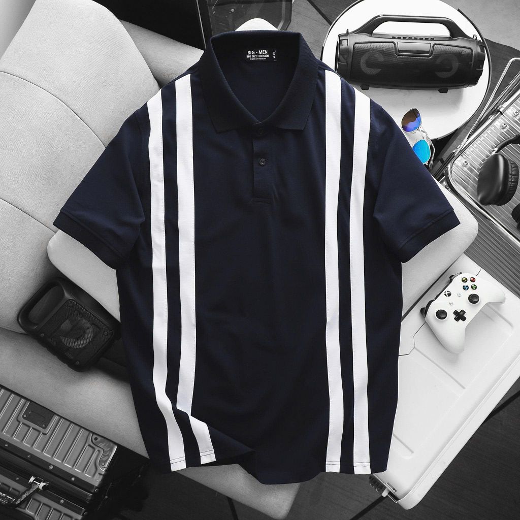 BIG MEN- Áo thun polo vải cotton cá sấu phối sọc kép lịch lãm thời trang bigsize nam 90- 140kg
