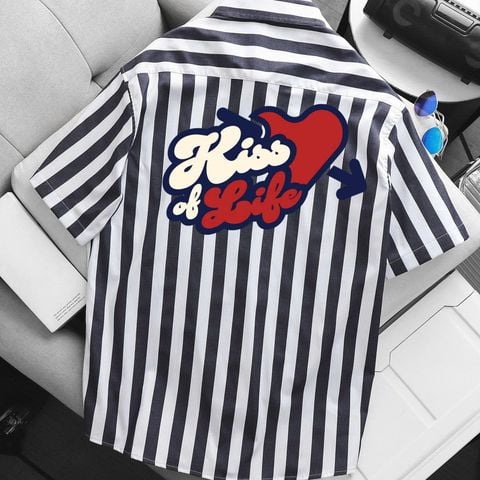 BIG MEN- Áo sơ mi tay ngắn vải QC cao cấp phối kẻ sọc in chữ KISS & LIFE bigsize nam 80- 130 kg