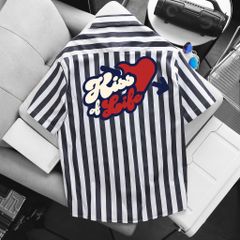 BIG MEN- Áo sơ mi tay ngắn vải QC cao cấp phối kẻ sọc in chữ KISS & LIFE bigsize nam 80- 130 kg
